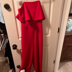 strapless red jumpsuit